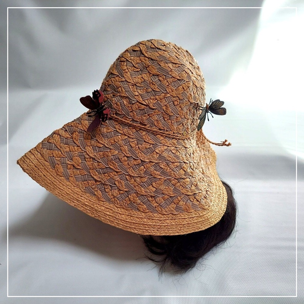 Betmar Women Strew Sun Hat One Size Tan Boho Raffia Butterfly Wide Brim Garden